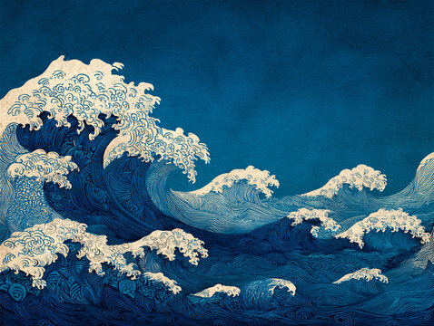 a stylized, intricate illustration of ocean waves, with swirling patterns and a mix of blue hues. The waves are depicted in a dynamic, majestic manner
