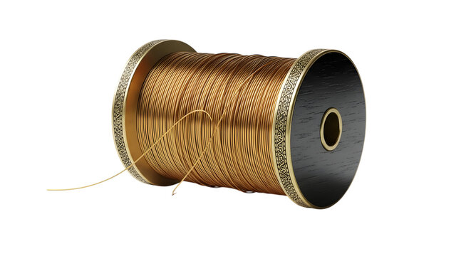 Spool of golden thread isolated on transparent background, ready for embroidery