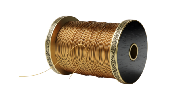 Spool of golden thread isolated on transparent background, ready for embroidery
