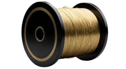 Golden thread spool isolated on transparent background for sewing and embroidery