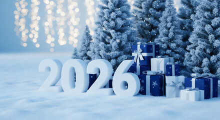 雪の中のブルーギフトと2026の数字が彩る爽やかなウィンターホリデー背景
