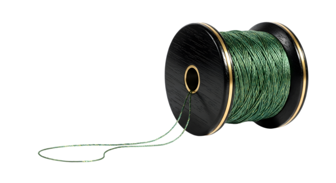 Green thread spool isolated on transparent background with black and gold accents