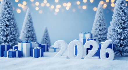 雪景色の中でブルーギフトと2026の数字が並ぶ爽やかなウィンターホリデー背景
