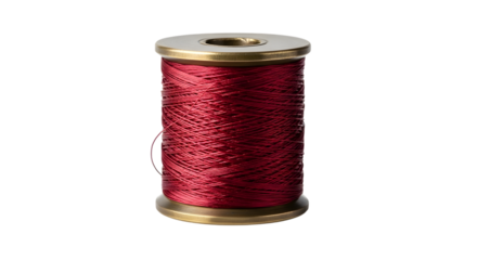Red spool of thread with gold accents isolated on transparent background