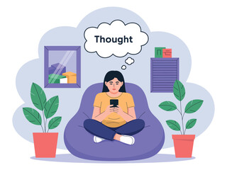 Woman sitting on beanbag using phone with thought bubble above her head