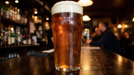 Refreshing beer glass on a bar counter in a pub  