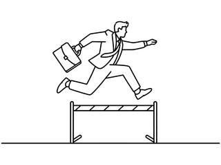 Outline illustration of a businessman jumping over a hurdle with a briefcase