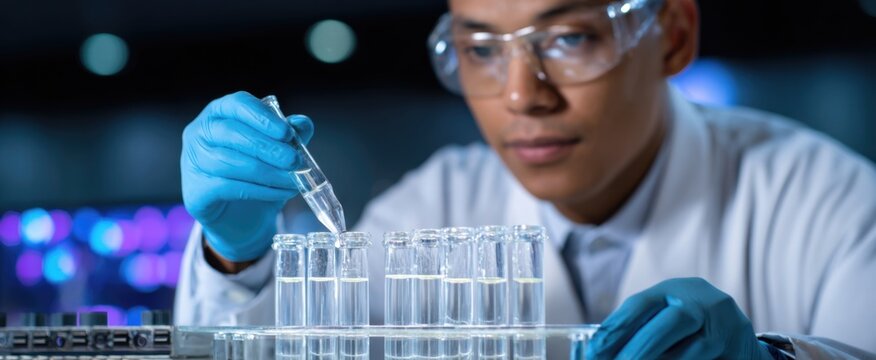 A scientist dances with vials and gadgets like a maestro in a lab symphony.