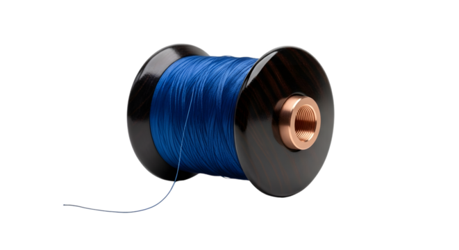 Spool of blue thread isolated on transparent background, for sewing projects