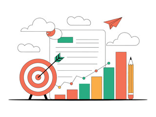 Illustration of target board with arrow and bar graph with paper plane