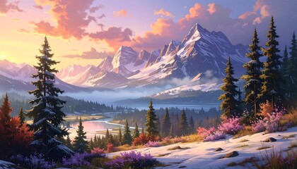 Scenic mountain landscape with snow-capped peaks and sunrise colors