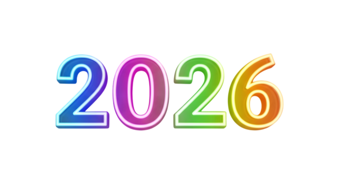 Colorful number 2026 isolated on transparent background
