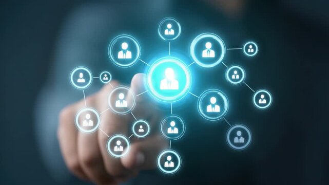 Hand Reaching Towards Virtual Network Icons Representing Connectivity and Social Interaction in Modern Technology 4k video footage