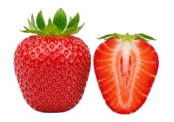 Whole and halved ripe red strawberry, vibrant scarlet flesh, creamy core, green calyx, yellow achenes on transparent background, copy space, strong sense of freshness and healthy eating