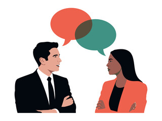 Man and woman having a conversation with speech bubbles above their heads