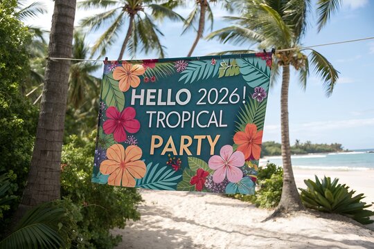 Tropical party banner welcoming hello 2026 on a beach