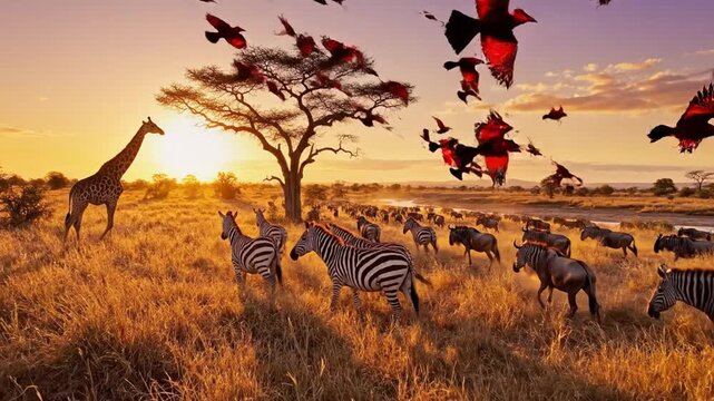 African Sunset Safari - Giraffes, Zebras, and Wildebeest in Golden Light.
