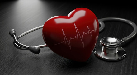 Shiny red heart with an electrocardiogram line next to a stethoscope on a dark background, representing heart health and love