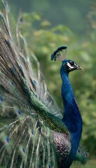 Obraz premium Majestic peacock portrait showcases vibrant feathers and a serene wildlife moment of stunning beauty