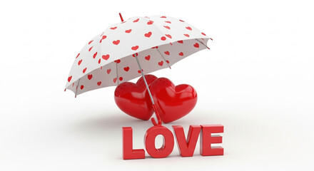 Two glossy red hearts under umbrella adorned with small hearts and bold red love text in clean minimalist setting