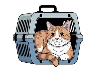 Orange and white tabby cat inside of a blue plastic carrier with black handle