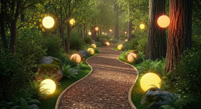 Enchanting forest path illuminated by glowing orbs, creating a magical nighttime ambiance.