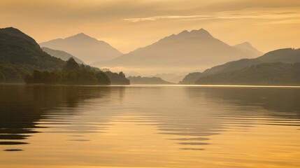 Fototapeta premium Serene Mountain Lake Landscape During Sunset with Calm Water and Misty Hills