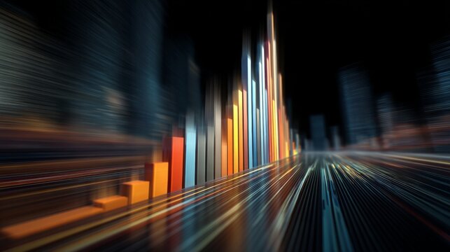 Abstract motion blur of colorful bar graphs representing data analysis and financial trends in a digital cityscape at night with a futuristic atmosphere