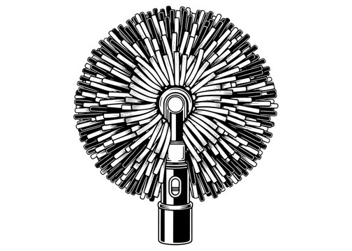 Round microfiber duster head vector illustration. Fluffy chenille cleaning brush attachment for ceiling fans or cobwebs sketch isolated on white background.