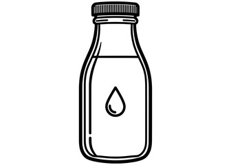 Vector illustration of a glass milk or water bottle with drop icon. Black and white line art sketch of a reusable beverage container isolated on white background.