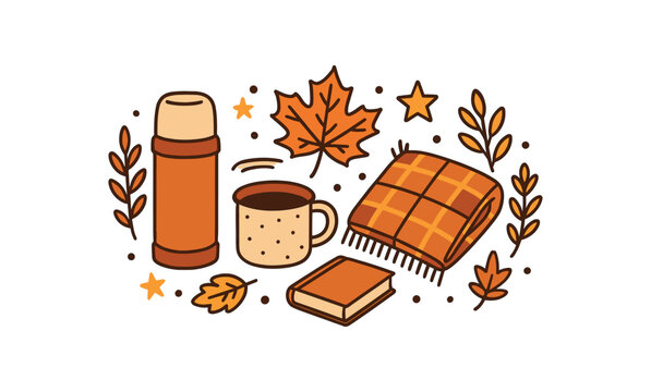 autumn cozy scene: orange thermos, blanket, leaves clip art preview