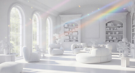 柔らかな光とレインボーの屈折が彩るオールホワイトのラグジュアリーリビングインテリア
