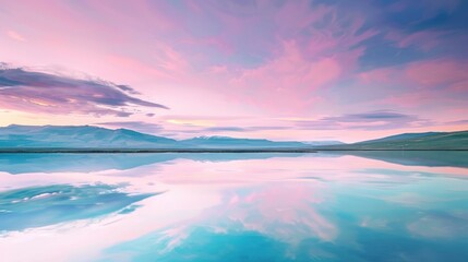 Obraz premium Serene Pink and Blue Sky Reflection Over Calm Mountain Lake at Sunset