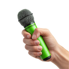 Hand holding a vibrant green dynamic microphone for speech, singing, recording, and live performance broadcast