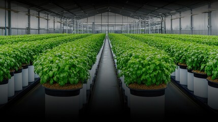 During daytime hours, there is extensive cultivation of hydroponic basil taking place in a spacious greenhouse environment