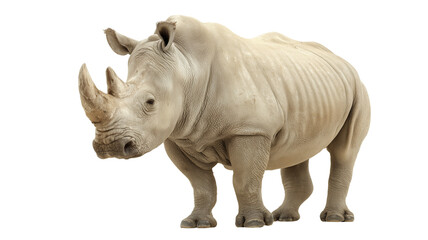 Majestic white rhinoceros standing gracefully, full body shot capturing its powerful presence and distinct horn.