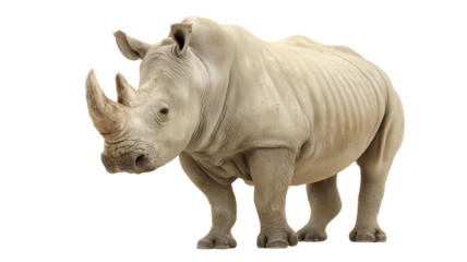 Majestic white rhinoceros standing gracefully, full body shot capturing its powerful presence and distinct horn.