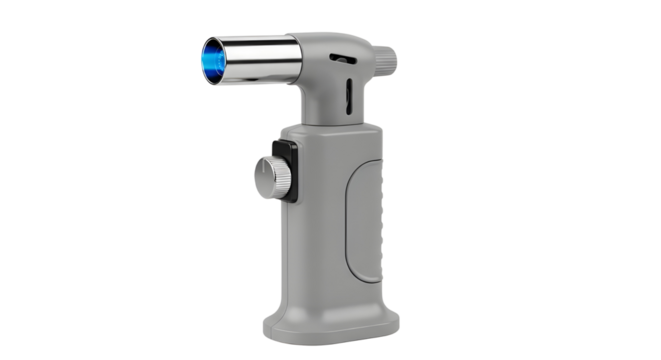 Butane torch with blue flame on white background