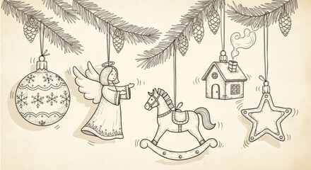 Festive hand-drawn Christmas ornaments hanging from pine branches bring nostalgic holiday cheer, perfect for cards, crafts, and seasonal promotions