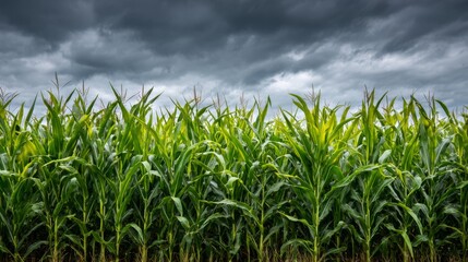 Obraz premium Lush Green Cornfield Under Dramatic Dark Sky with Storm Clouds and Shadowed Landscape in Agriculture Scene, Nature's Bounty and Farming Environment