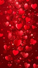 Obraz premium Red background with scattered hearts of varying sizes and textures