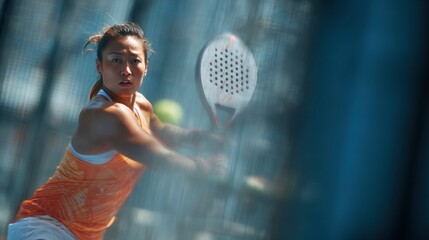 An athletic Asian female padel player.