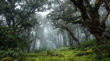 Obraz premium Serene woods shrouded in fog create a mystical atmosphere inviting exploration and tranquility.