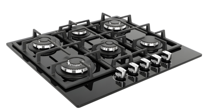 Black glass gas hob on white background