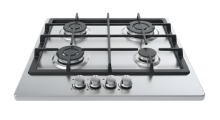 Stainless steel gas hob with four burners isolated on white background
