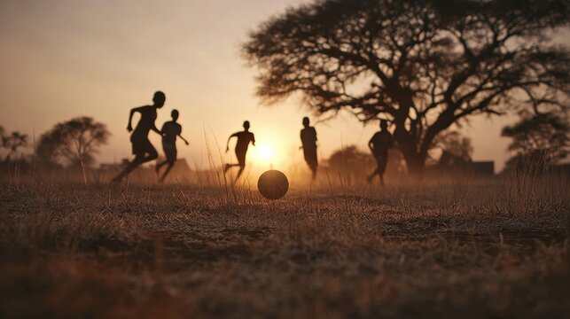 Boys playing barefoot soccer in the African savanna at sunset.