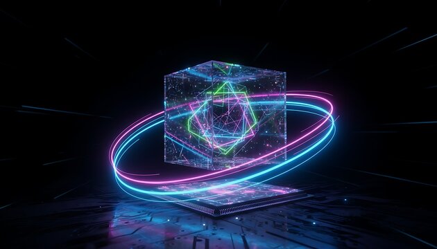 Futuristic abstract glowing neon ring encircling a translucent geometric cube with a crystal shard inside set against a dark background with digital patterns - Powered by Adobe
