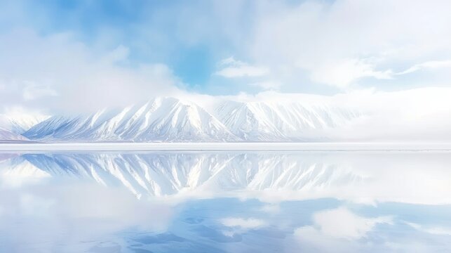 Snowy Mountain Range with Reflection in Calm Lake Under Blue Sky and Clouds - Powered by Adobe