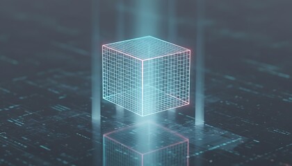 Abstract glowing digital cube structure with light beams emanating upwards representing data processing artificial intelligence and futuristic technology concepts