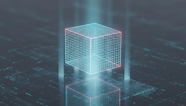 Abstract glowing digital cube structure with light beams emanating upwards representing data processing artificial intelligence and futuristic technology concepts